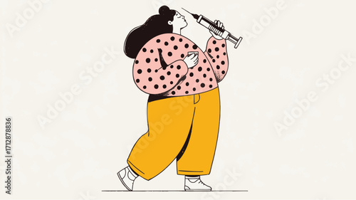 Playful vector illustration of woman with oversized syringe symbolizing weight loss treatment concept