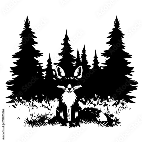 Silhouette of a Sitting Fox with Detailed Fur and Forest Background.