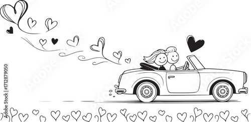 Driving into Love: A whimsical illustration depicts a couple in a convertible car, their journey of love marked by floating hearts, capturing the essence of romance.