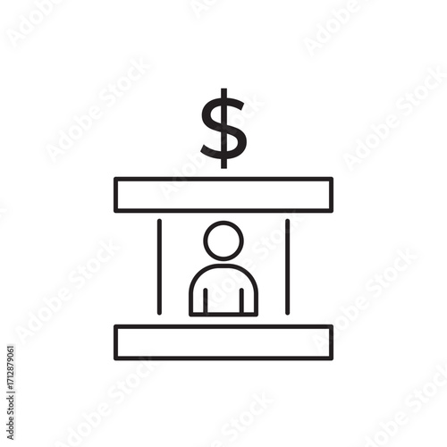 Minimal line icon of a bank teller booth with person inside and dollar sign above, symbolizing banking, finance, payment service, money exchange, currency transactions, and financial institutions.