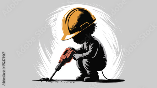 Young worker using jackhammer with safety helmet for construction work, an illustration of ambition