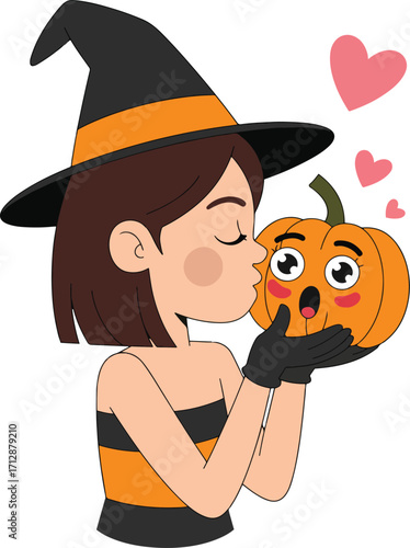 Witch Girl Kissing Cute Pumpkin – Halloween Cartoon Love Vector Illustration