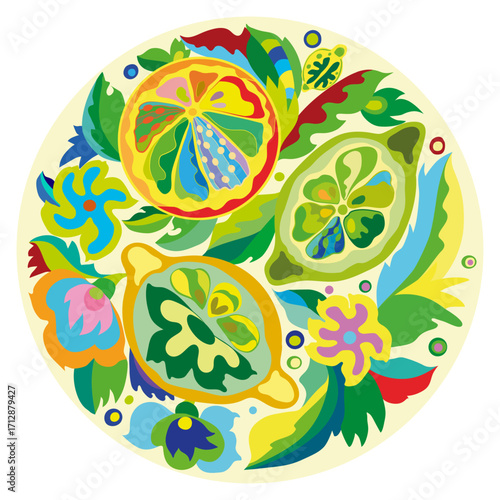 Vector ethnic motif. Wreath - Ukrainian pattern. Circular decorative composition with lemon and lime motifs. Wallpaper. Use for printed materials, signs, posters, postcards, packaging.