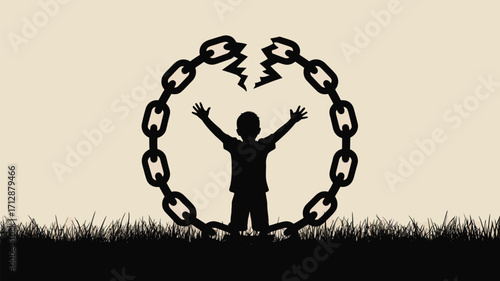 Empowered youth breaking free from chains, symbolizing strength, resilience, and hope for a brighter future