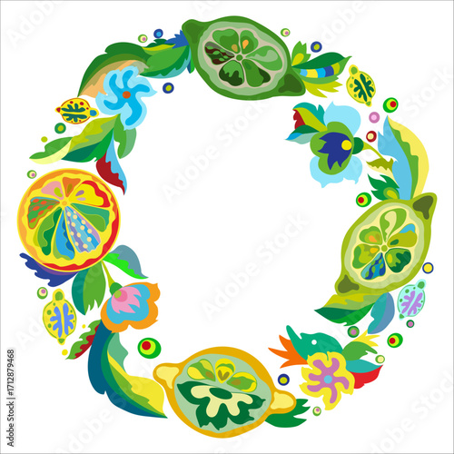 Vector ethnic motif. Wreath - Ukrainian pattern. Circular decorative composition with lemon and lime motifs. Wallpaper. Use for printed materials, signs, posters, postcards, packaging.