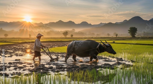 Foto Lao Farmer Plowing a Rice Field with a Buffalo at Sunrise