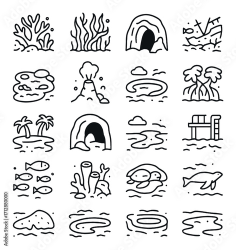 Minimalist ocean and beach icons with marine life and natural landscapes