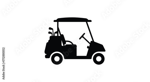 Simple black silhouette of a golf cart with clubs displayed prominently