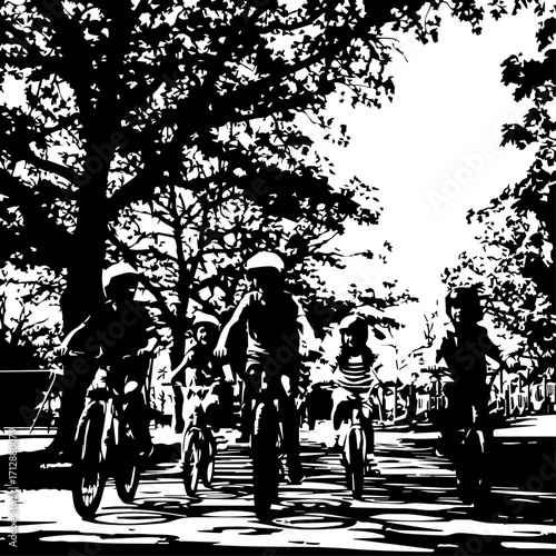 Silhouetted Group of Children Riding Bicycles on a Sunny Road with Trees.