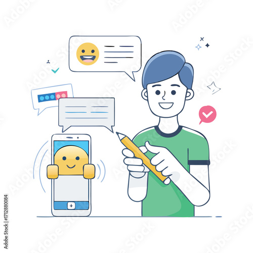 AI‑Assisted Customer Feedback — Minimal Line & Flat Vector (Blue–Yellow)