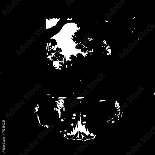 Silhouetted Group of People Gathered Around a Campfire Enjoying Evening Outdoors.