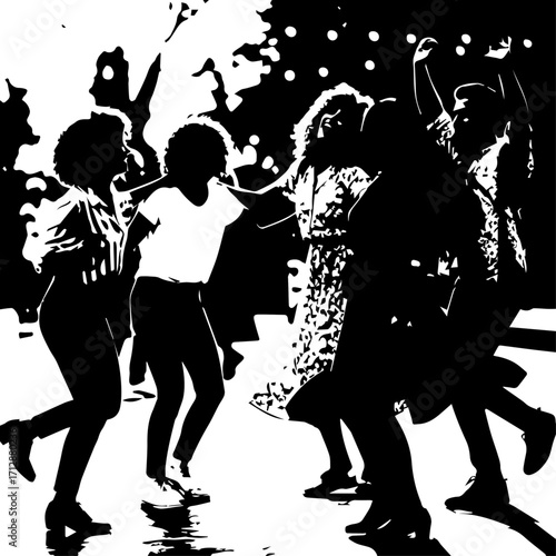 Silhouetted Group of People Dancing Energetically in a Lively Party Scene.