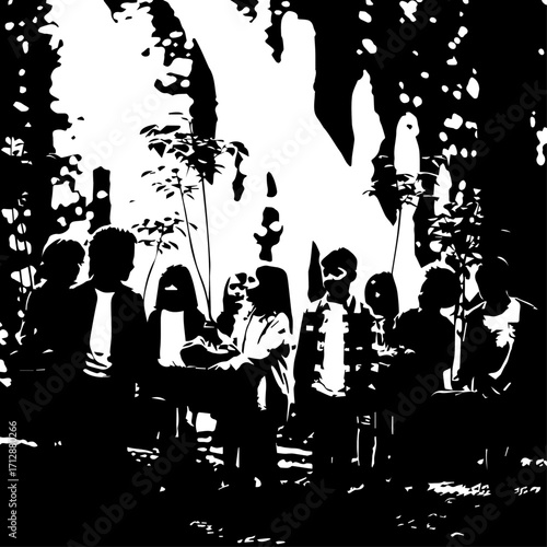 Silhouetted Group of People Gathering Outdoors Interacting and Conversing.