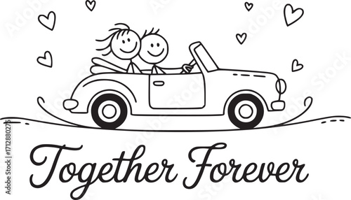 Together Forever: A charming illustration depicts a couple joyfully cruising in a convertible, symbolizing enduring love and a shared journey, amidst floating hearts and a heartwarming message.