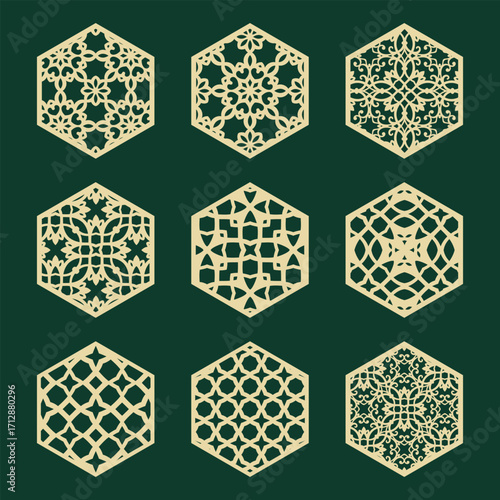 Hexagon shapes with ornamental cutout design, set of nine laser cut vector templates
