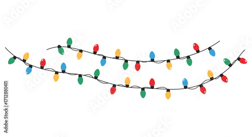 Colorful string lights arranged in a decorative pattern on a white background