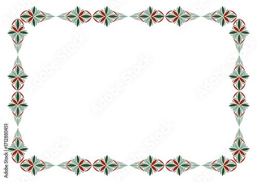 Ornamental geometric rectangle frame. Fantasy ethnic ornament of complex stars. Winter pattern in green red colors on white background, Christmas greeting card design
