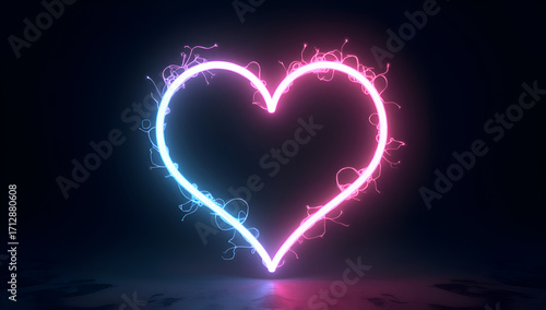 A glowing neon heart shape against a dark background, radiating vibrant colors.