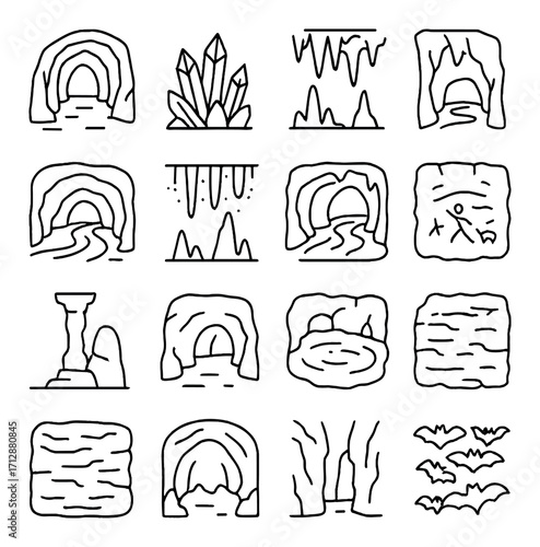 Cave icons set: crystals, stalagmites, stalactites, rock formations, bats
