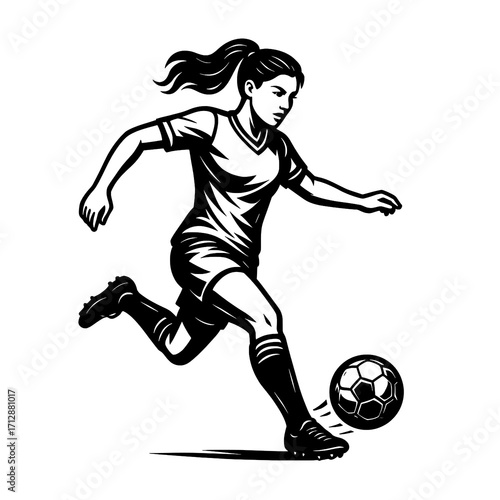 Female Soccer Player Kicking Ball Black and White Vector Illustration

 

 
