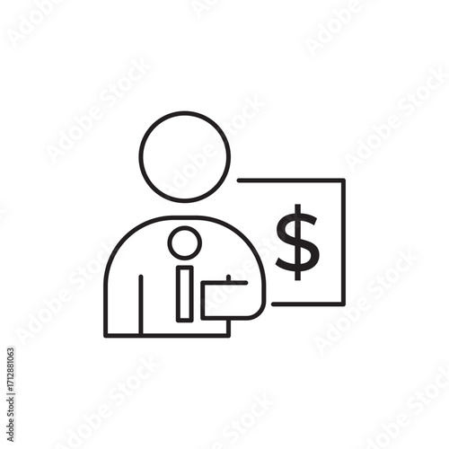 Financial advisor icon with a person, dollar sign, and clipboard, symbolizing money, investment, and consulting. Ideal for financial services, financial report, banking, accounting, and business apps.