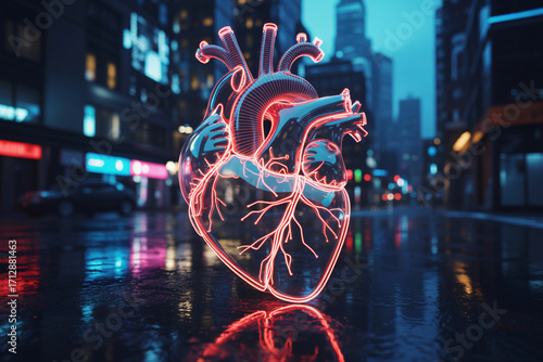 Neon heart glowing on a wet city street at night reflecting in the rain slicked pavement