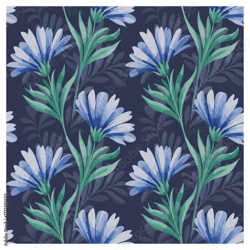 A sophisticated seamless pattern featuring hand-painted blue flowers and lush green stems on a deep navy background, with subtle leafy silhouettes in the background for added depth.