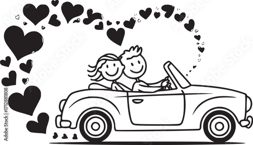 Love on the Road: A couple in a convertible car, hearts floating around them, a whimsical representation of love and shared experiences.