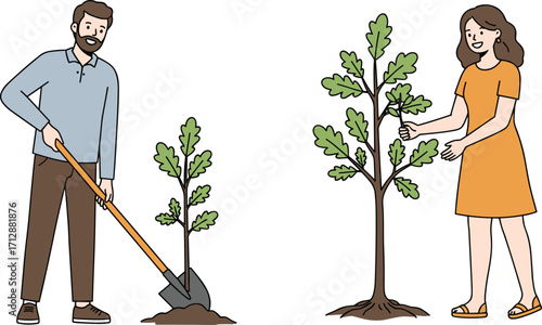 Tree planting illustration, environmental care, nature conservation, gardening activity, eco friendly lifestyle, people growing trees, sustainability concept, green earth, forest protection, ecology