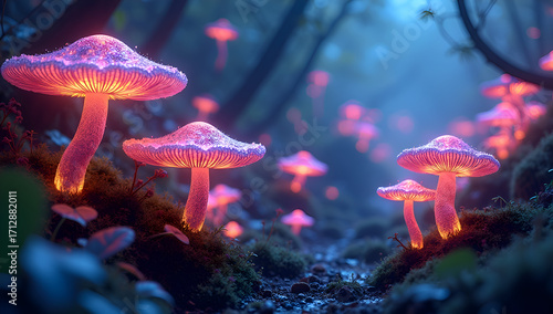 A serene forest scene at night features glowing mushrooms, illuminating the surroundings with their ethereal light.