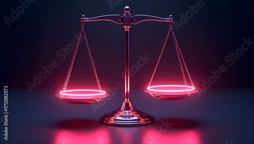 A neon scale balance with two glowing red lights, set against a dark background.