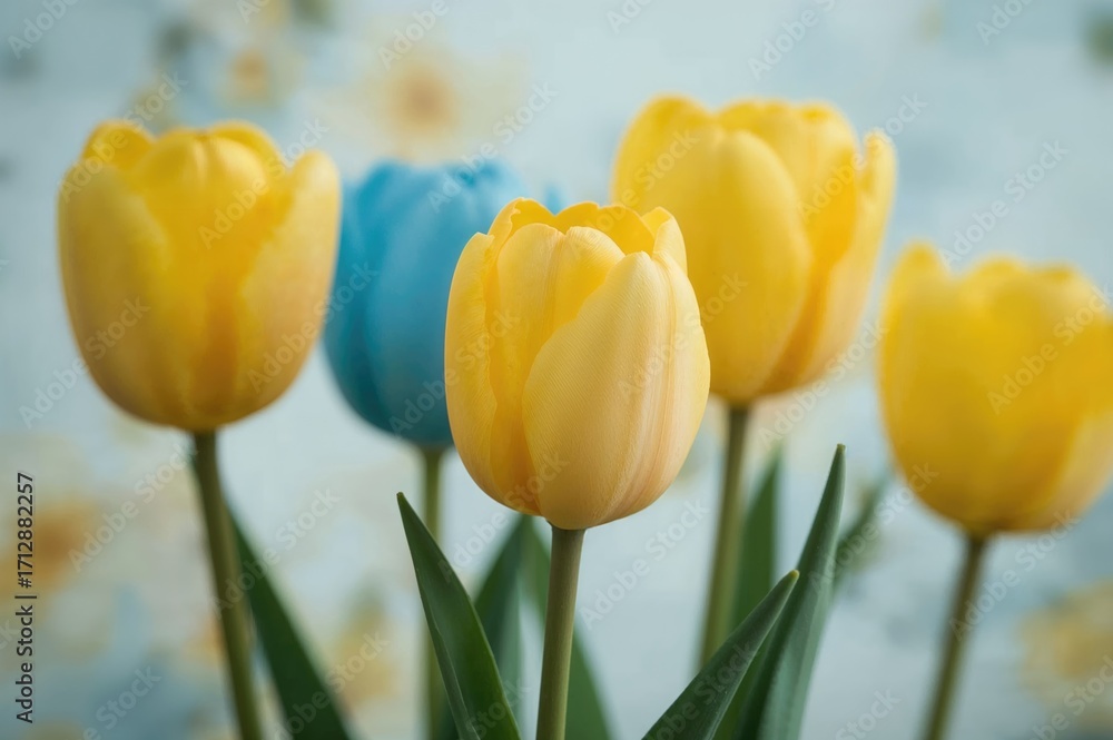 Obraz premium Yellow and blue tulip blossoms. Natural floral backdrop. Macro shot.