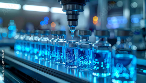 Vaccine Production: Automated machinery meticulously fills vials with a vital vaccine, symbolizing scientific progress and innovation in medical advancement.