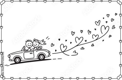 Romantic Getaway: A charming depiction of a stick-figure couple joyfully embarking on a romantic journey in a vintage car, their path adorned with a trail of whimsical hearts.