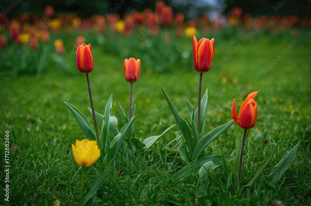 Fototapeta premium Lawn Covered With Vibrant Red and Yellow Tulips