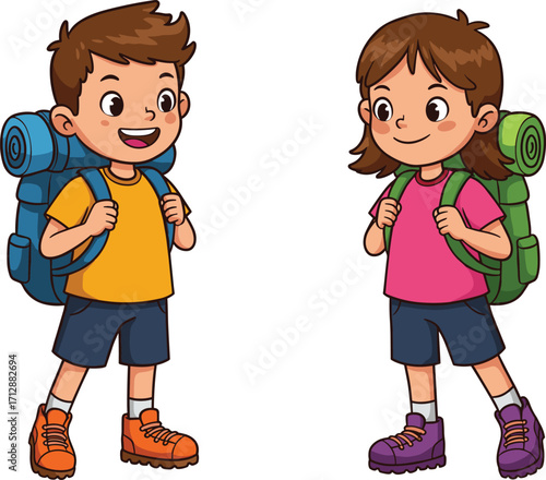 Cartoon kids hiking outdoors with backpacks, happy children camping, summer travel adventure, trekking, exploration, nature trip, school holiday activity illustration