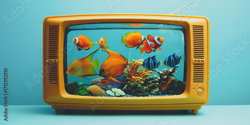 Retro television showcasing vibrant tropical fish aquarium