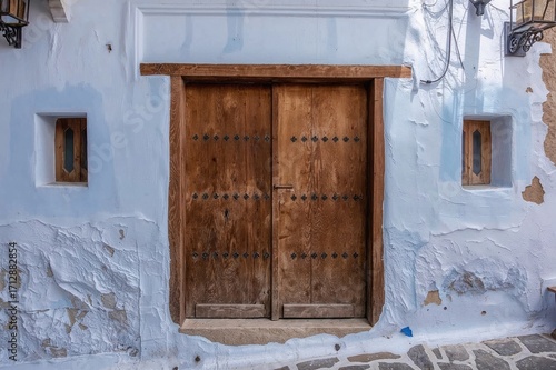Classic wooden door from Morocco showcasing intricate craftsmanship in a vibrant urban setting