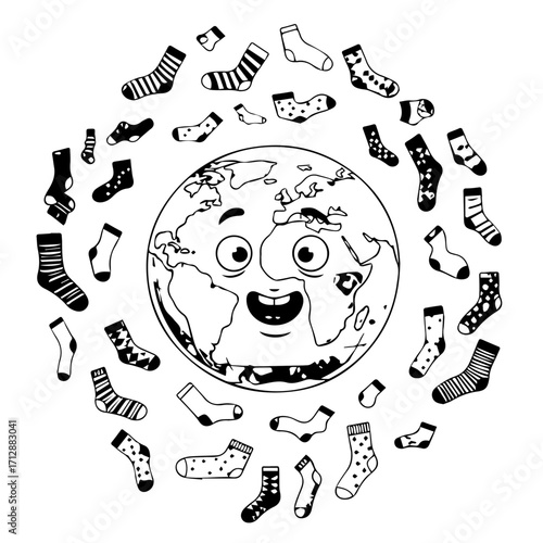 Smiling Cartoon Earth Surrounded by Assorted Black and White Socks Happy Planet.