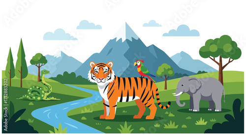 Colorful vector illustration of wild animals in forest with mountains, river, trees, tropical birds, and natural landscape.