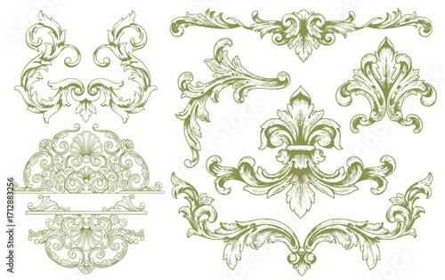 baroque victorian frame border illustration vintage floral ornament vector line art hand drawn set collection