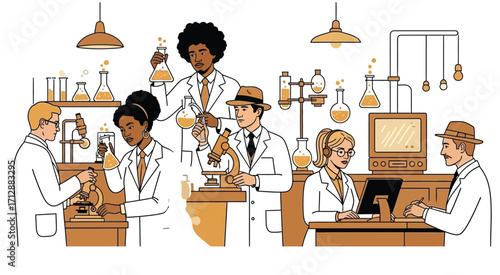 A team of diverse scientists work in a laboratory, conducting experiments and research.vector illustration
