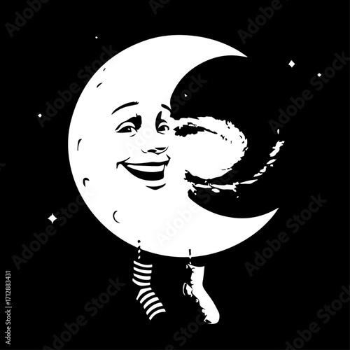 Smiling Crescent Moon Character with Striped Socks and Happy Expression.