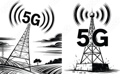 5G Network Tower Illustration, Wireless Communication Technology.