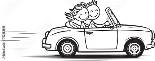 Love's Journey in a Convertible: Two stick figure characters, hand in hand, enjoy a sunny day as they drive off in a vintage convertible, capturing a sense of adventure, love, and freedom.