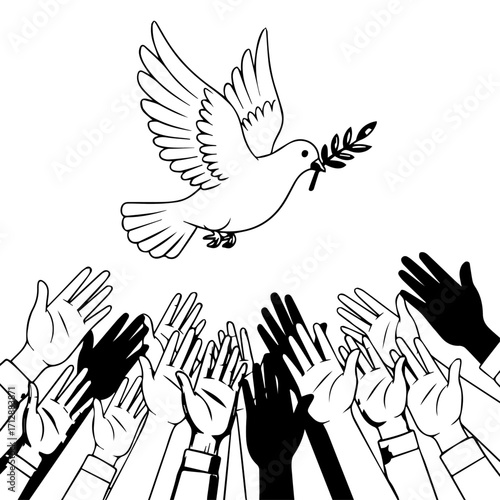 Soaring White Dove of Peace Carrying Olive Branch Above Reaching Hands.