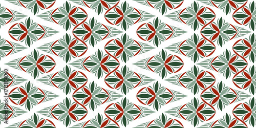 Christmas complex geometry seamless pattern. Winter ornament of curved lines. Fantasy green and red stars on white background. Classic Christmas decor