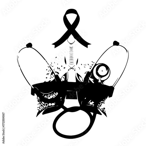 Symbolic Black and White Medical Illustration of Lungs Stethoscope and Awareness Ribbon.