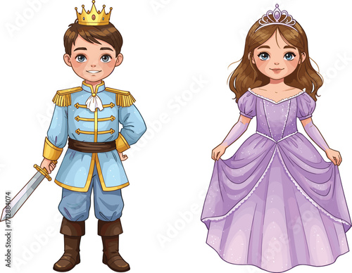 Cartoon prince with crown and sword standing beside beautiful princess in purple gown and tiara, royal fairytale character vector illustration