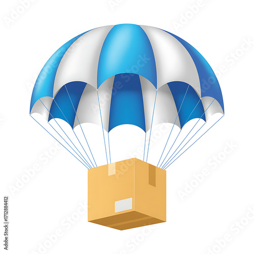 Delivery box descending safely under a blue and white parachute